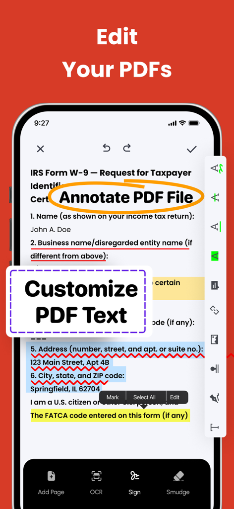 Interfaz de la aplicación móvil mostrando funciones de anotación y personalización de texto en un documento PDF.
