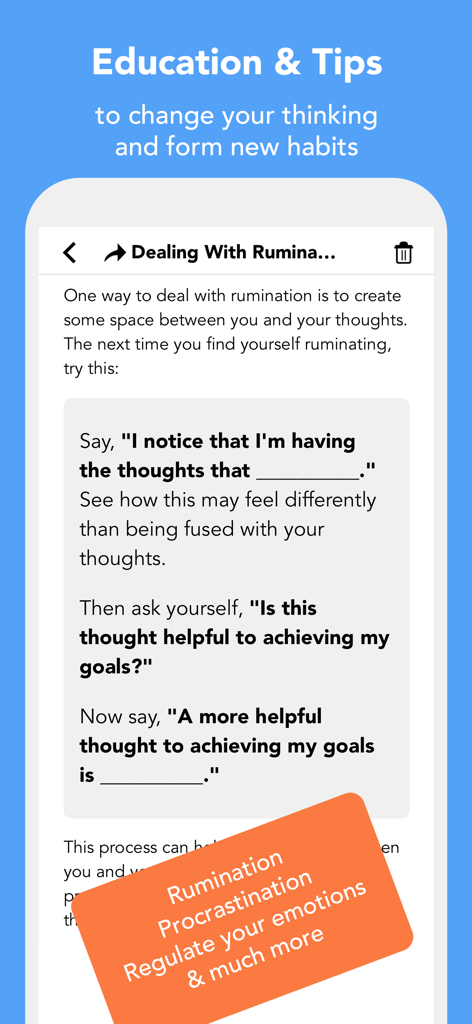 反芻思考や役に立たない考えに対処するための教育的ヒントとCBTエクササイズを表示するMoodfitアプリの画面