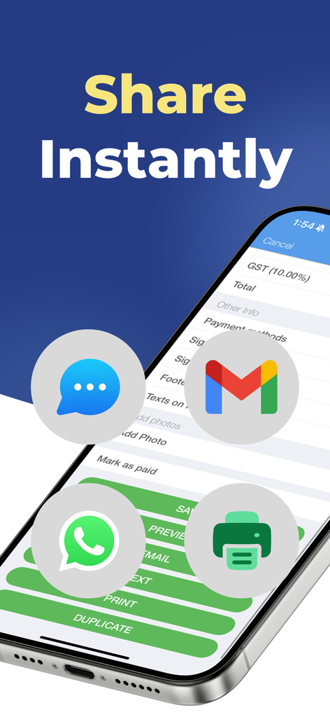 A smartphone showing options to share professional invoices via email text whatsapp and print