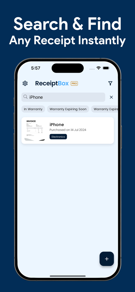 Receipt Organizer : ReceiptBox - ReceiptBox app interface for searching and filtering digital receipts and warranty information.