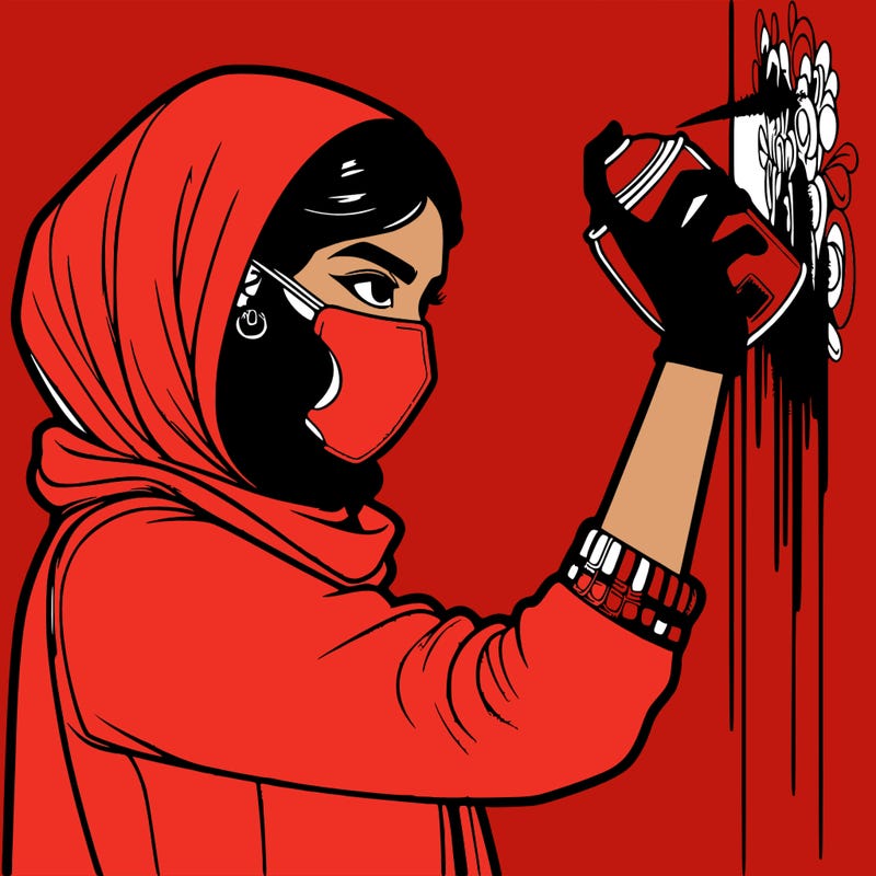 realistic girl with mask spray painting a wall