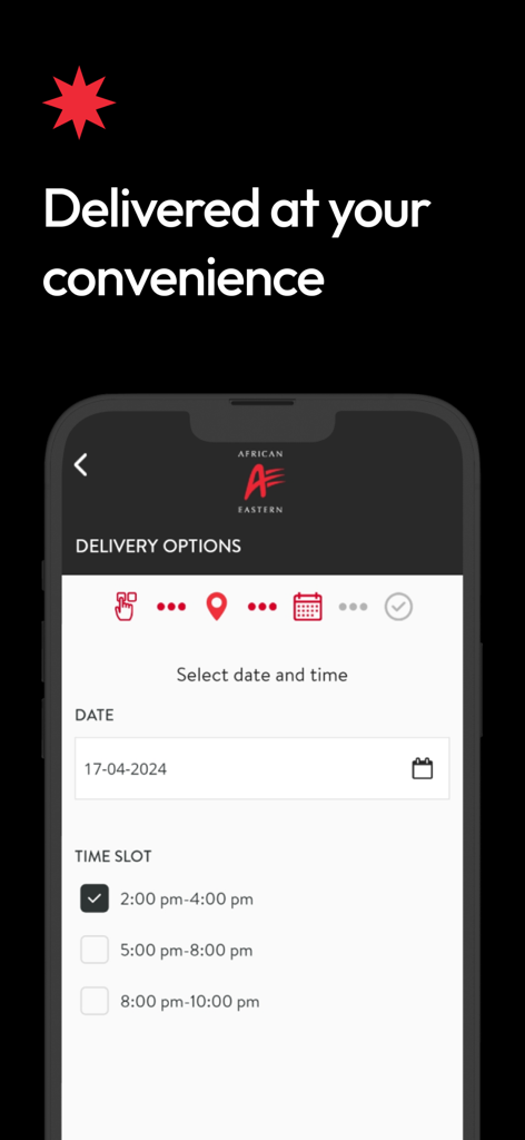 A&E Shop - Alcohol Delivery - Selecting delivery date and time slots in the AE Shop alcohol delivery app interface
