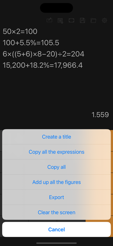 Calculator with History Tape - An options menu in the Calculator with History Tape app showing actions like create a title, copy expressions, and export data.