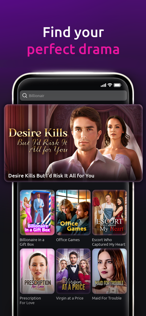 A search screen for the SHRT app displaying various short drama titles like Desire Kills and Billionaire in a Gift Box.
