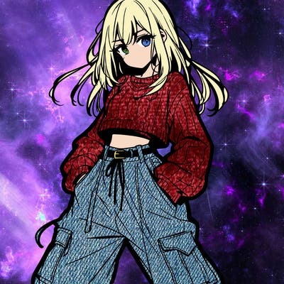 anime teen girl with baggy pants and crop top with sweater