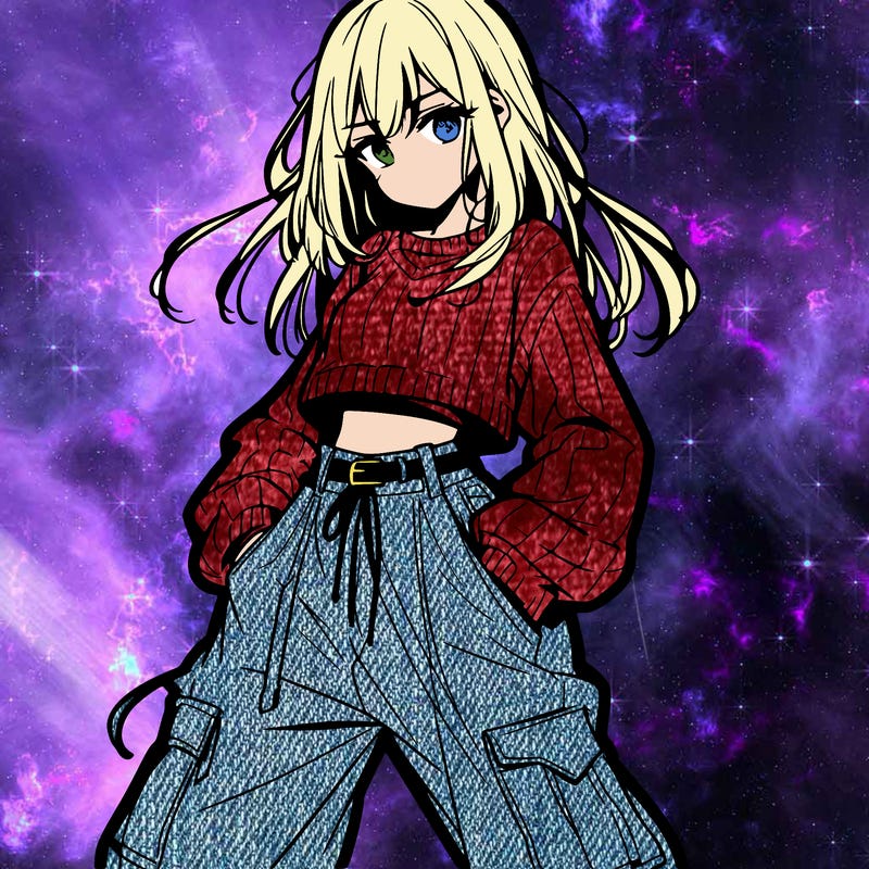 anime teen girl with baggy pants and crop top with sweater