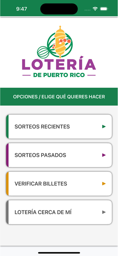 Lotería de Puerto Rico - Pantalla principal de la aplicación móvil Loteria de Puerto Rico mostrando opciones para sorteos recientes y verificación de billetes