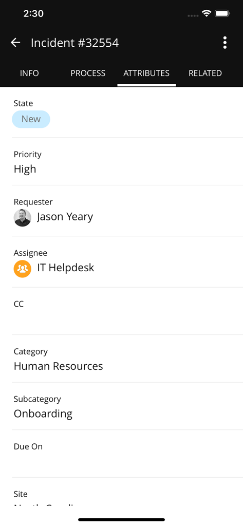 SolarWinds Service Deskモバイルアプリのインシデントチケット属性の詳細ビュー。優先度と担当者の情報が表示されます。