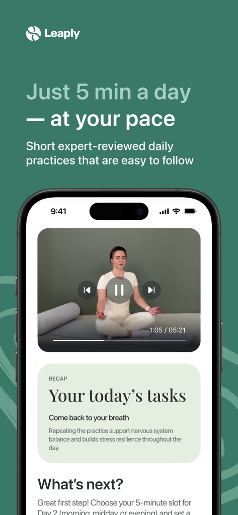 Leaply app interface showing a five-minute daily meditation video and personalized task recap