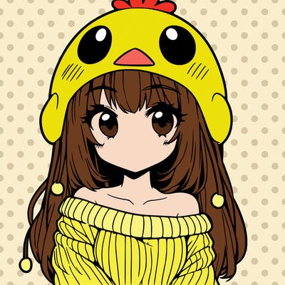 anime girl with chick shaped hat with sweater with bare shoulders with bangs covering them one eye with low tail