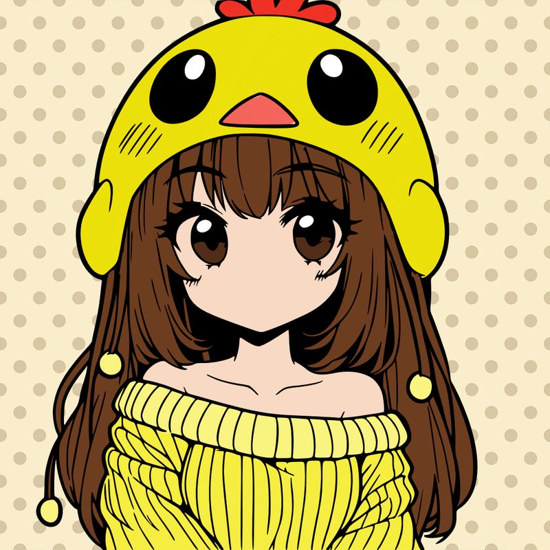 anime girl with chick shaped hat with sweater with bare shoulders with bangs covering them one eye with low tail
