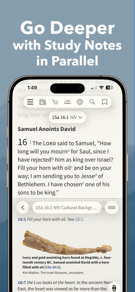 NIV Bible App + - 聖句と歴史的工芸品を特徴とする並列学習ノートが表示されているNIV聖書アプリのインターフェース。