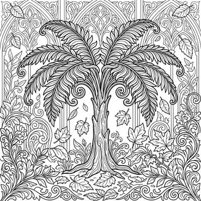 Embrace the mysterious beauty of autumn with this intricate gothic tree fern coloring page. Its detailed design, featuring ornate fronds and falling leaves, promises a captivating artistic journey.