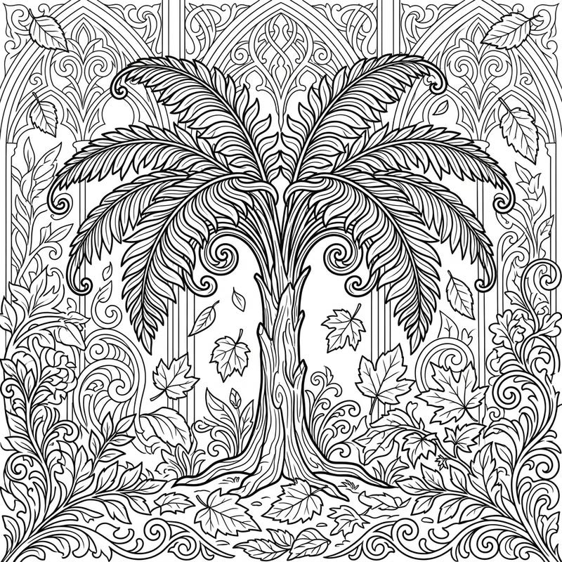 Embrace the mysterious beauty of autumn with this intricate gothic tree fern coloring page. Its detailed design, featuring ornate fronds and falling leaves, promises a captivating artistic journey.