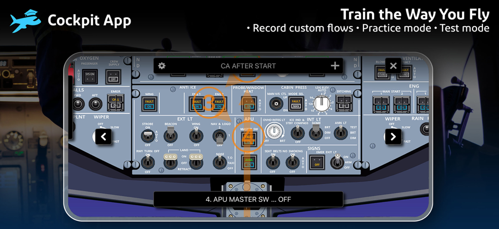 Cockpit App Systems - Interactive cockpit overhead panel displaying pilot flow training sequences