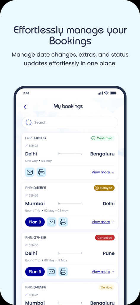 IndiGo Access - IndiGo Access App-Bildschirm, der eine Flugbuchungsliste und den Reise status anzeigt