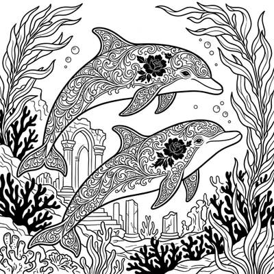Explore the enigmatic beauty of our Gothic Underwater Dolphins coloring page, where graceful marine life meets dark Victorian elegance. Immerse yourself in a world of intricate patterns, mysterious ruins, and dramatic undersea flora, ready for your creative touch.