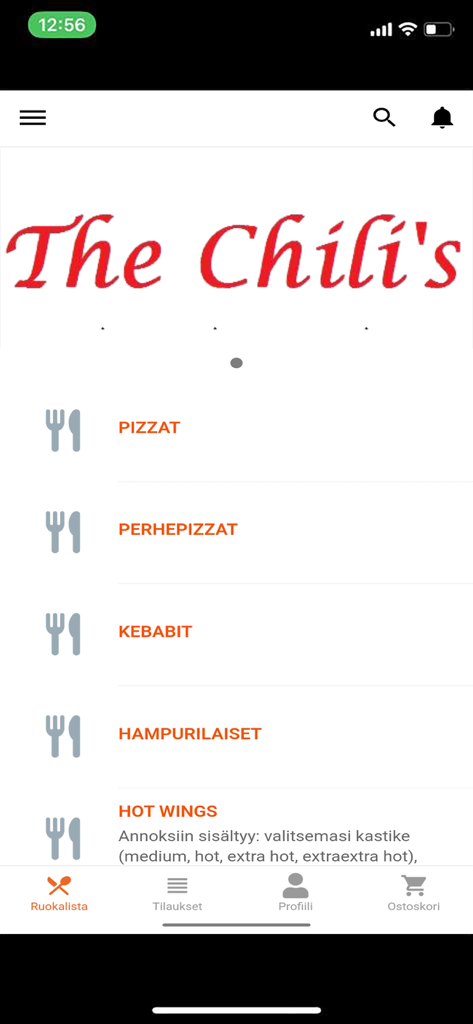 Ravintola The Chili's - Die mobile App von Ravintola The Chili's mit einem Menü, das Kategorien wie Pizza, Burger und scharfe Flügel zeigt