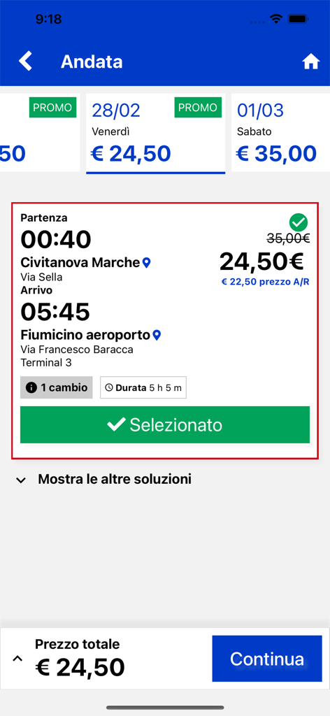 FrecciaRoma - Una schermata dell'app FrecciaRoma per la selezione dell'itinerario dell'autobus da Civitanova Marche all'aeroporto di Roma Fiumicino con dettagli di viaggio e prezzo.