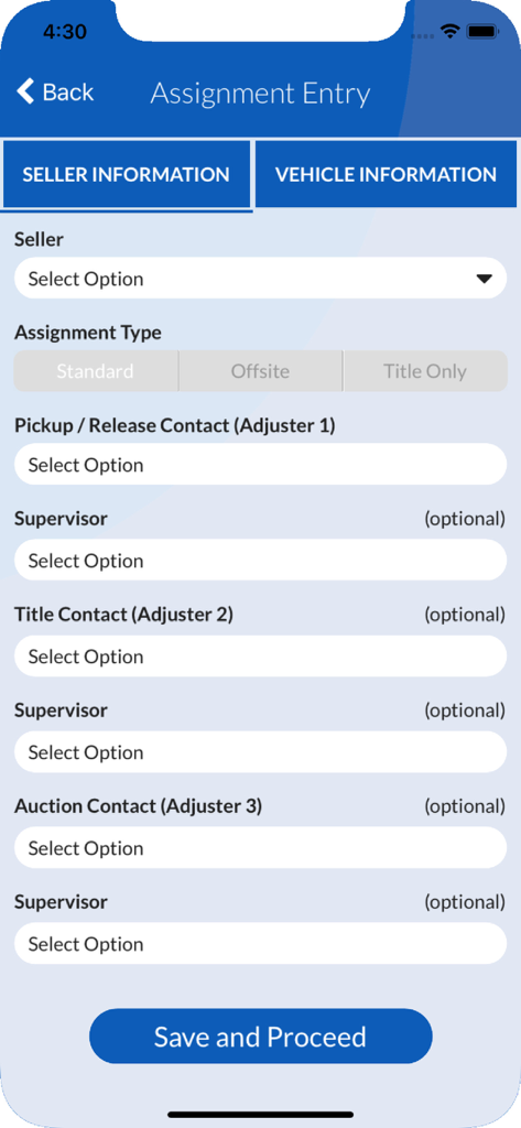 Assignment Entry screen in the Copart Seller app showing fields for seller information and assignment type