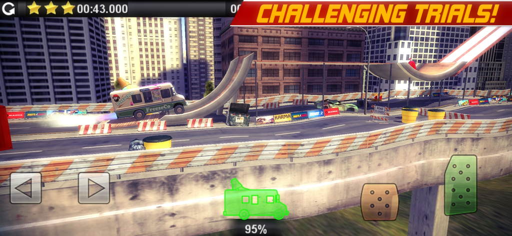 Offroad Legends - An ice cream truck performing a jump in a city level of Offroad Legends