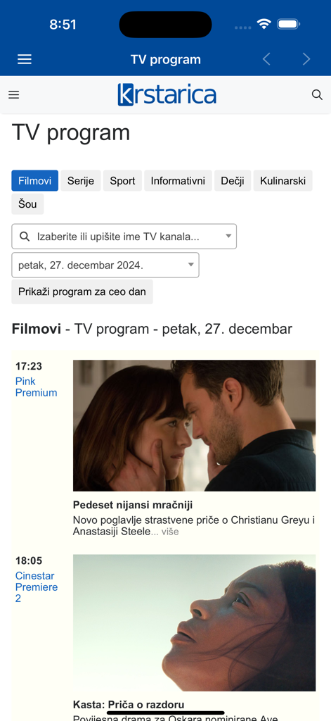 Krstarica forum, vesti, zabava - Interfaz de la aplicación móvil Krstarica que muestra listados de programas de TV serbios con miniaturas de películas y horarios de transmisión