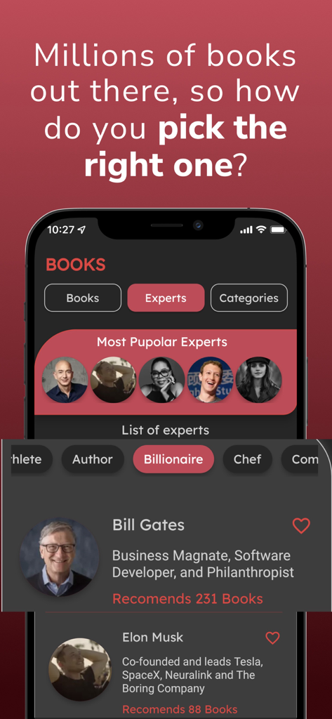 Bookshelf: Book Tracker, Club - 전문가와 백만장자들의 책 추천을 보여주는 Bookshelf 앱 인터페이스