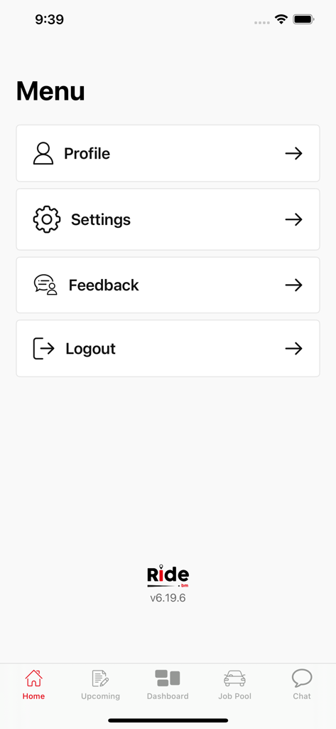 Ride.bm Driver - The main menu screen of the Ride.bm Driver app featuring profile settings feedback and logout options with a bottom navigation bar