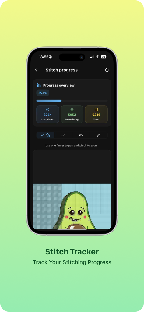 Smartphone screen showing the StitchIt app progress tracker with an avocado cross stitch pattern