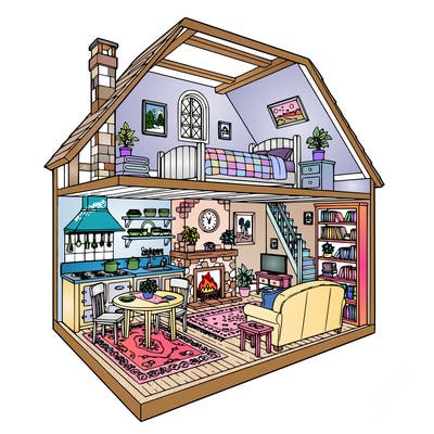 a small cottage shown in cutaway view revealing several rooms. the kitchen has a stove, table, and shelves with dishes. the living room has a couch, fireplace, and bookshelves. upstairs is a bedroom with a bed and small window. include details like rugs, plants, wooden beams, blankets, and framed pictures so there are warm home details for coloring.