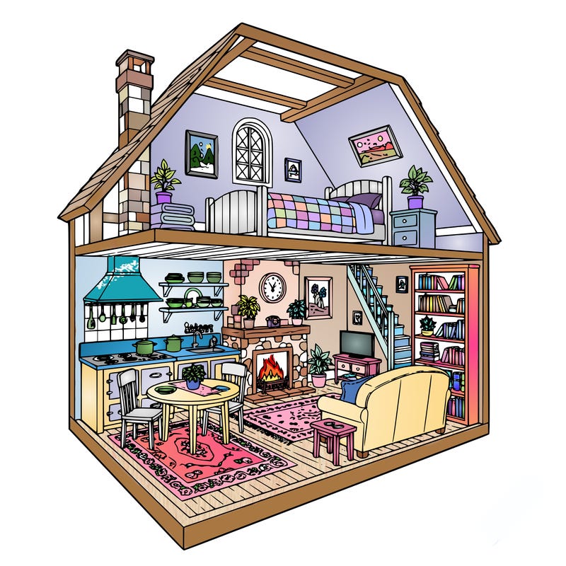 a small cottage shown in cutaway view revealing several rooms. the kitchen has a stove, table, and shelves with dishes. the living room has a couch, fireplace, and bookshelves. upstairs is a bedroom with a bed and small window. include details like rugs, plants, wooden beams, blankets, and framed pictures so there are warm home details for coloring.