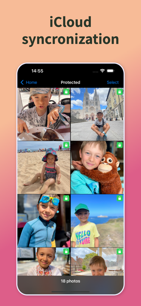 PhotoSweeper Mobile - PhotoSweeper Mobile interface showing protected family photos with iCloud synchronization feature.