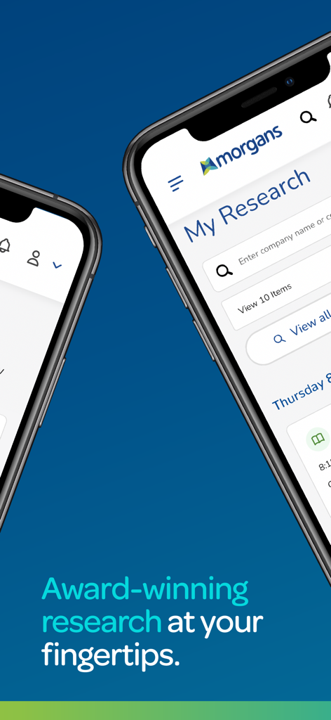 Morgans Financial Limited - Morgans Financial Limited mobile app interface showing the My Research screen on an iPhone