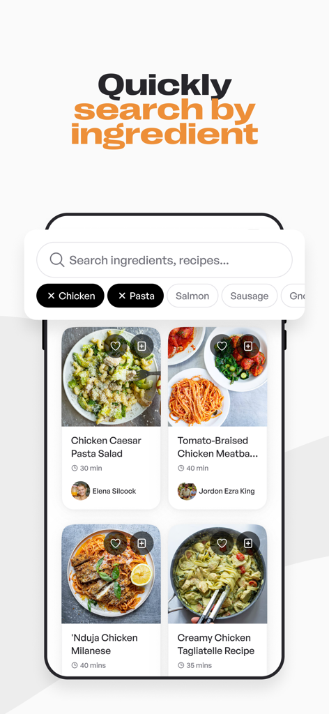 Mob: Meal Planner and Recipes - Mobile app interface showing recipe search by ingredients with filter tags for chicken and pasta.