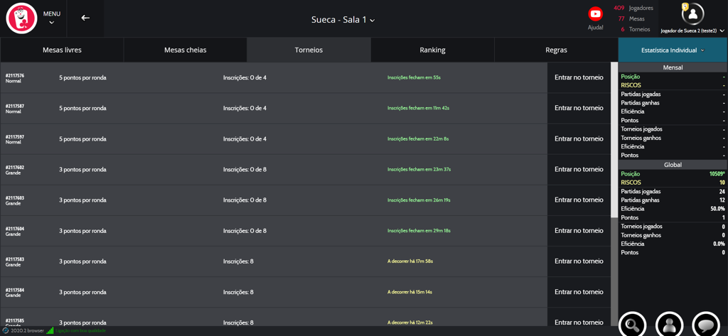Suecalandia - Jogos Online - Lobby de jogo da Suecalandia mostrando torneios disponíveis e estatísticas de jogadores