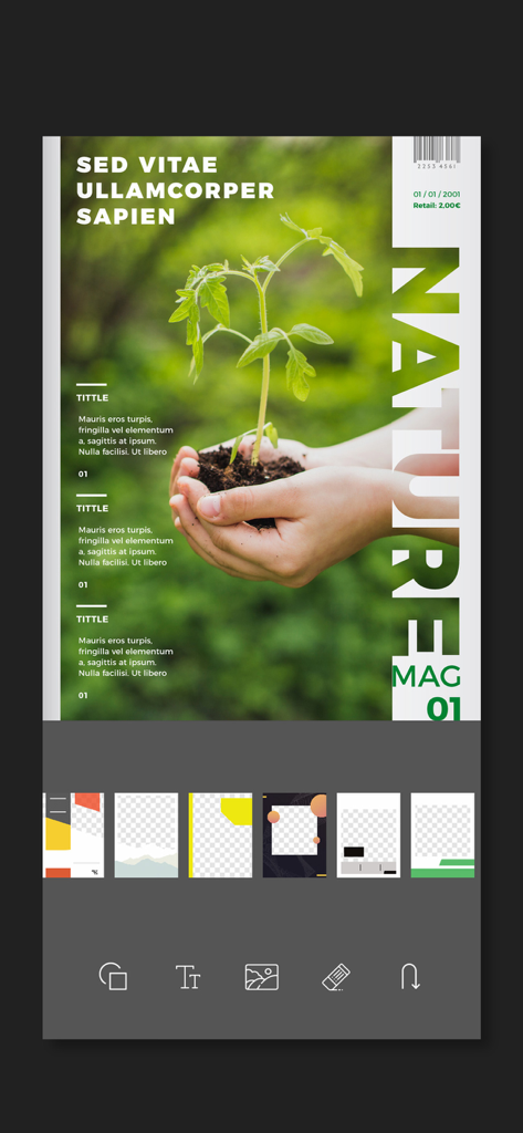 A mobile app interface for creating a nature magazine cover with a plant photo and text