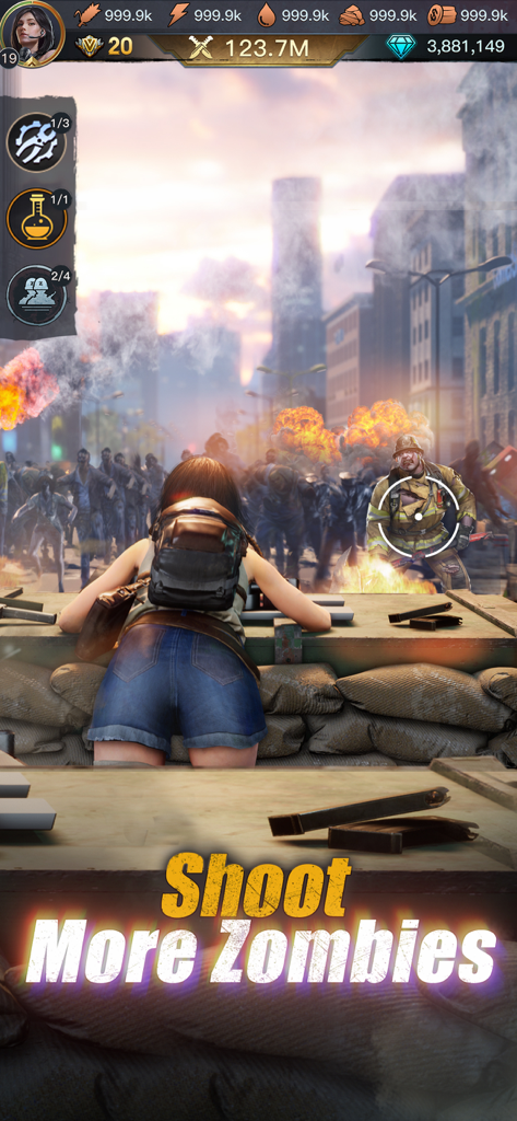Plague of Z - Um personagem sobrevivente mirando em uma horda de zumbis em um cenário urbano do jogo mobile Plague of Z.