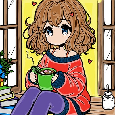 cute anime girl reading book and drinking hot chocolate from mug with loose wavy hair wearing a baggy sweatshirt and shorts sitting by windowsill looking out