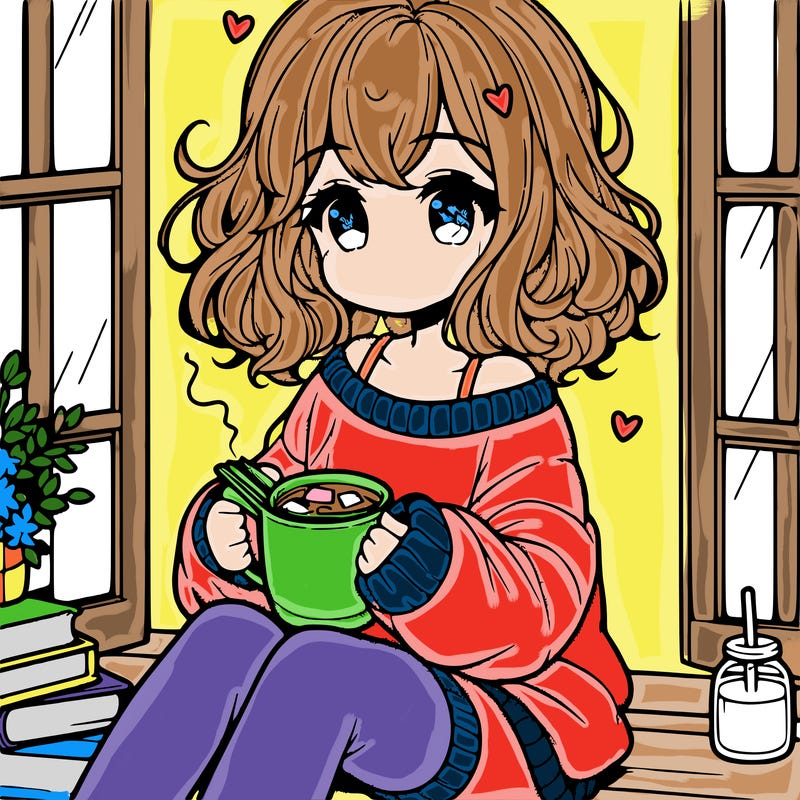 cute anime girl reading book and drinking hot chocolate from mug with loose wavy hair wearing a baggy sweatshirt and shorts sitting by windowsill looking out