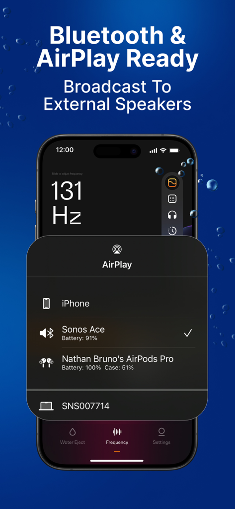 Sonic tone generator app showing AirPlay selection menu to broadcast audio to external speakers like AirPods and Sonos