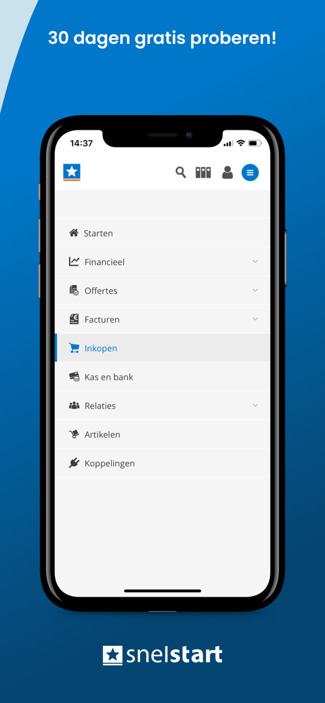 Schermata dello smartphone che visualizza il menu di navigazione principale dell'app di contabilità SnelStart Boekhouden