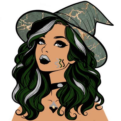 realistic witch girl with wavy hair and lips