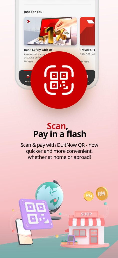 CIMB OCTO MY - A marketing graphic for CIMB OCTO MY app showcasing the Scan and Pay feature with DuitNow QR for seamless transactions at home and abroad.