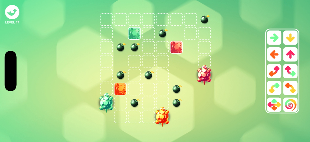 Turtle Logic 2 - Turtle Logic 2 gameplay screenshot showing a logic puzzle with turtles and bombs on a grid