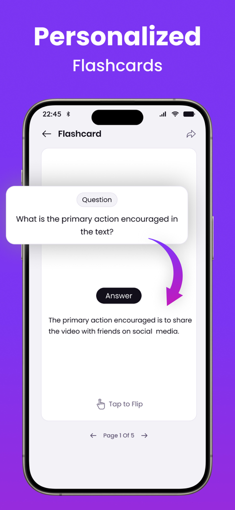 Transcribe  Ai - Note Taker - Transcribe Aiのモバイル画面。質問とその回答が表示されたパーソナライズされたフラッシュカードを表示します。