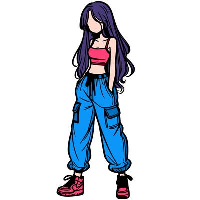 girl in baggy pants crop top and long hair