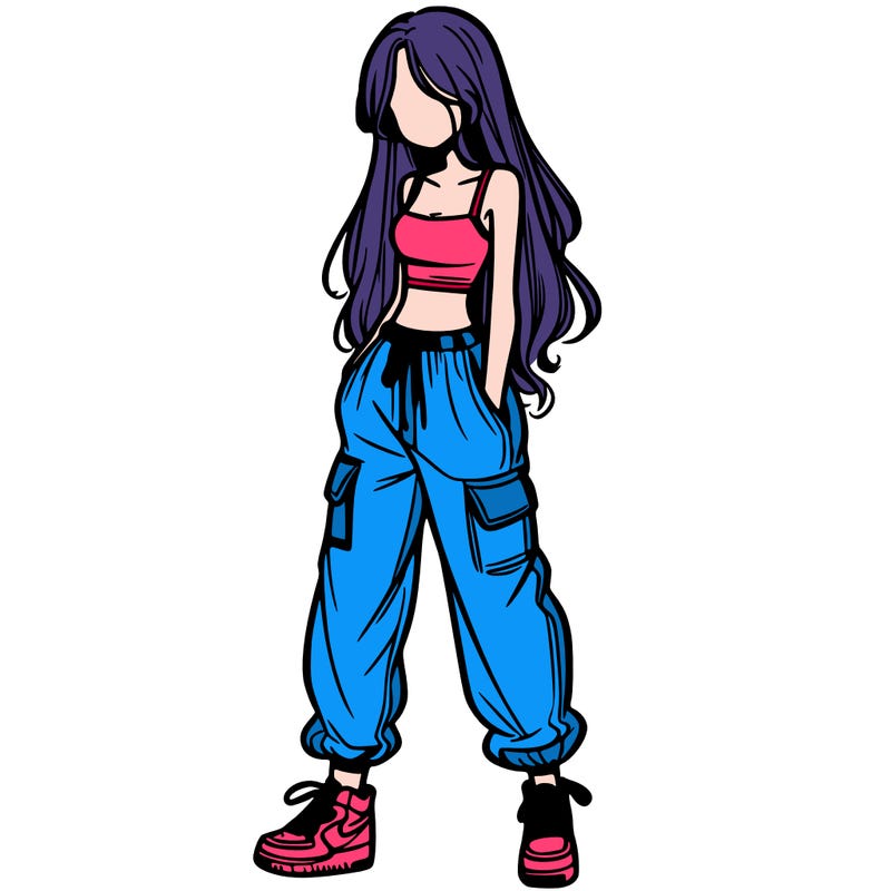 girl in baggy pants crop top and long hair