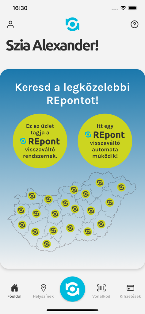 REpont - Schermata principale dell'app REpont che mostra una mappa dei punti di reso del deposito di riciclaggio in Ungheria.