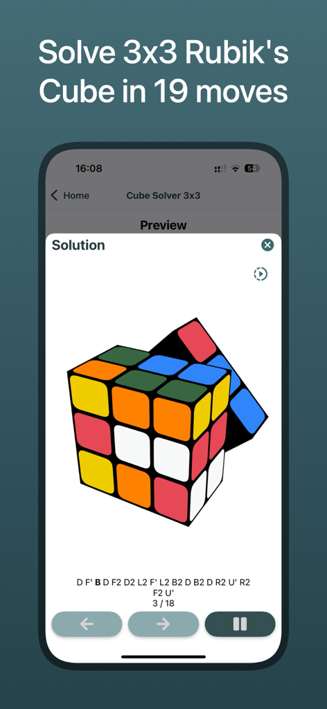 Rubix Cube Solver CubeXpert - Tela do aplicativo móvel CubeXpert exibindo um solucionador de cubo de Rubik 3x3 com sequência de movimentos e pré-visualização 3D