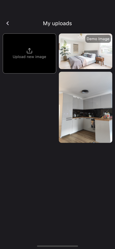 RoomStylerAI - Interior Design - Interface of RoomStylerAI app showing the user uploads gallery with a bedroom and kitchen photo